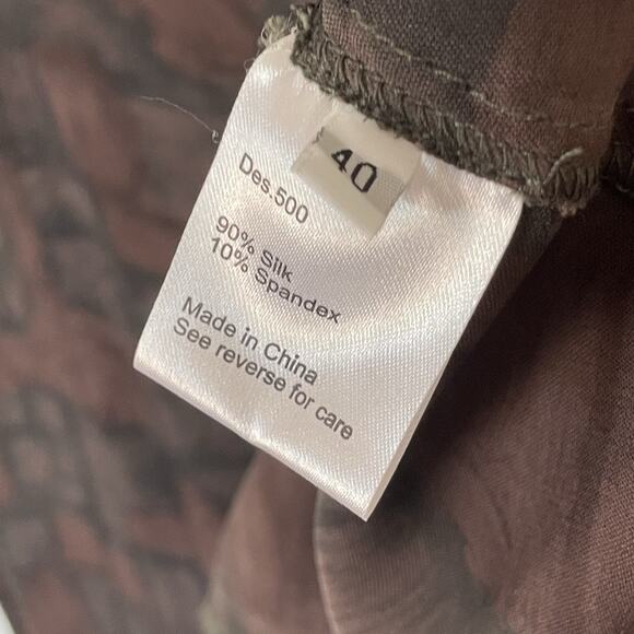 Boho Y2K Beaded Tie-Back Midi Dress 90s Silk Brown Abstract Print Applique Sz 10 - Picture 5 of 9